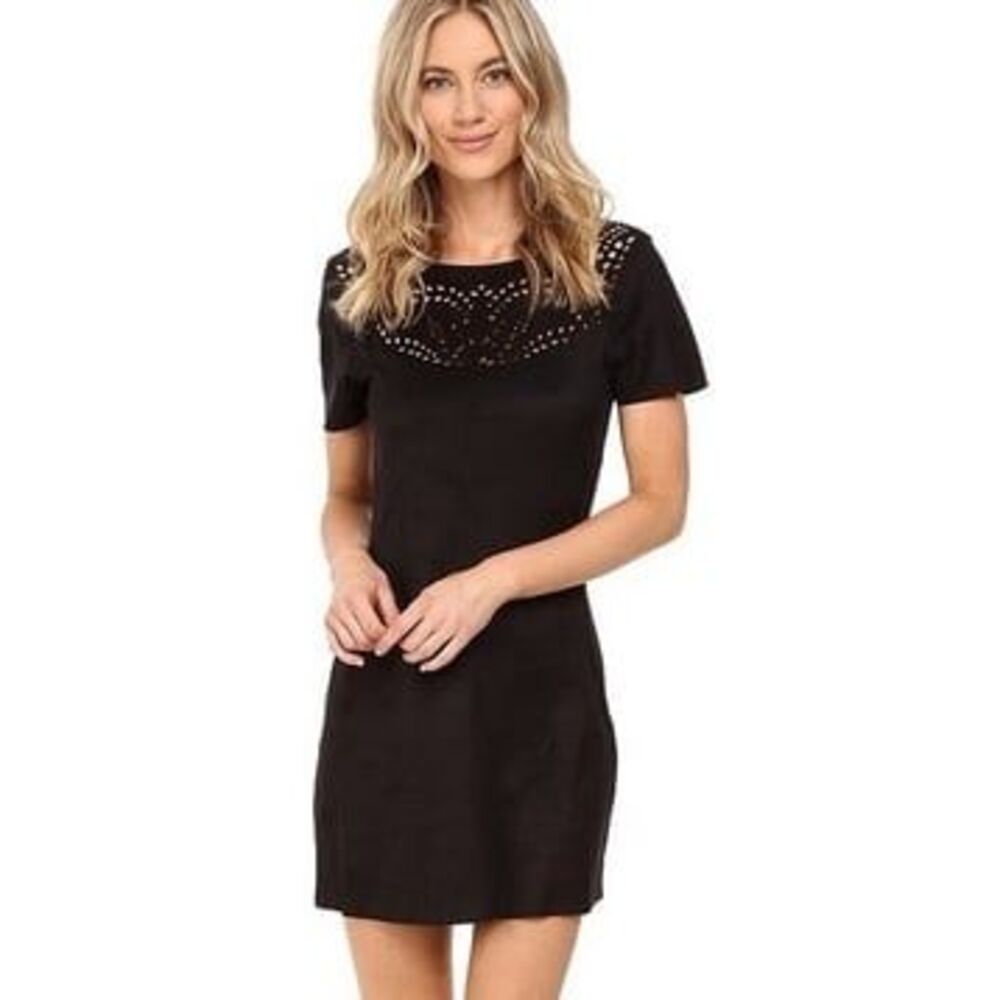 Laser Cut Faux Suede Mini Dress XS LBD Sexy Clubwear Rave Baddie Low V Parisian